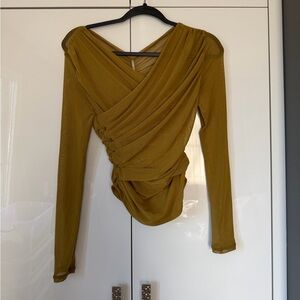 Commense Mustard Draped Long Sleeve Blouse